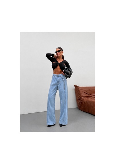 Kene Jeans Kemer Kuşaklı Buz Kar Ön Detaylı Denim Palazzo Pantolon Mavi