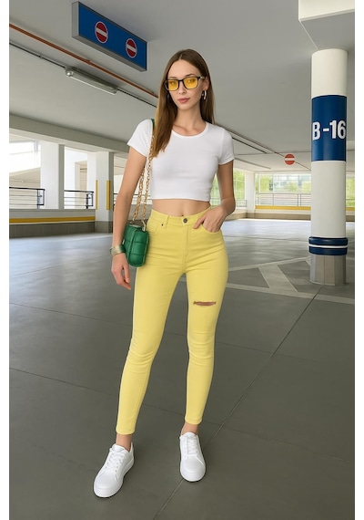 Kadın Yırtık Detaylı Jean Pantolon Sarı 001