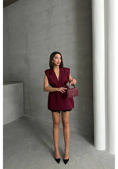Neşeli Butik Kadın Salaş Kemerli Kolsuz Blazer Ceket Nbg076 Bordo