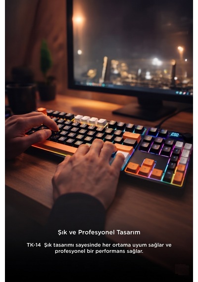 Oyuncu Klavyesi Rgb Işıklı Dijital Ekranlı 3 Modlu Mekanik Hisli Kablosuz Klavye Tk14