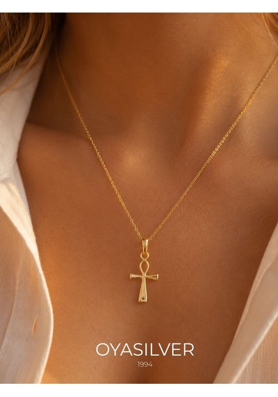 Oya Silver Minimal Sonsuz Yaşam 24k Altın Kaplama Gümüş Ankh Anahtarı Kolye 2.1x1 Cm Oyot392