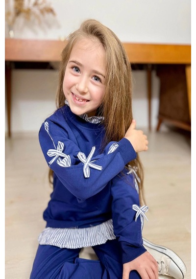 Koçak Kids Gömlek Desenli Lacivert Renk Kız Çocuk Takım Krem