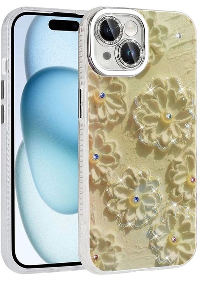 Apple Uyumlu iPhone 15 Kılıf Çiçek Desenli Parlak Taşlı Sert Silikon Zore Garden Kapak