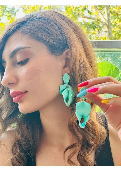 Yaprak Tasarım Kadın Küpe 7 Cm Turkuaz