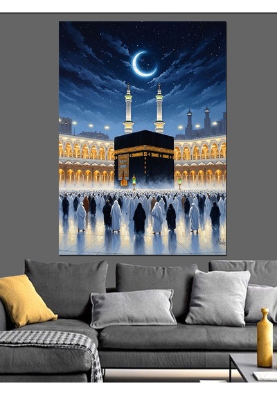 Ay Işığı Altında Kabe Görseli Dekoratif Kanvas - Mdf Ahşap Tablo