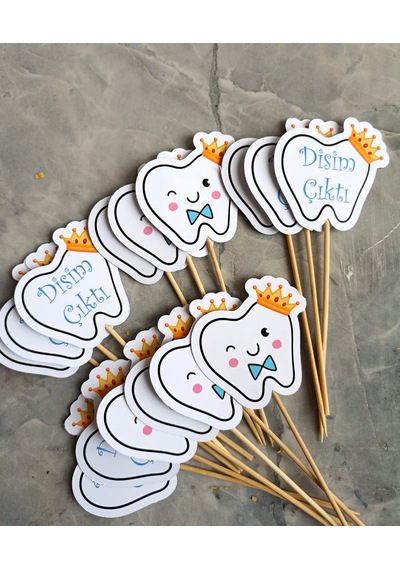 Erkek 32 Parça İlk Dişim Çıktı Diş Buğdayı Erkek Süs Seti Banner Pasta Kürdanı Cupcake Süsü Seti Mavi