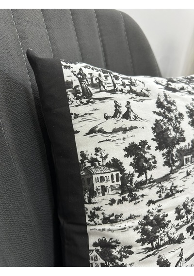 Toile De Jouy Monet Kırlent Kılıfı 43x43 Cm %100 Pamuk Dijital Baskılı Country Tarzı Fransız Dekoratif Yastık Kılıfı - Zt750 Siyah-