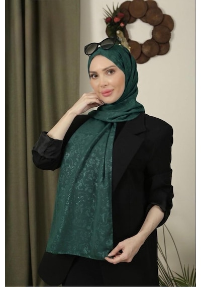 Flora Tekstil Çiçekli Desen İnce Medine İpeği Jakar Şal Zümrüt Yeşili