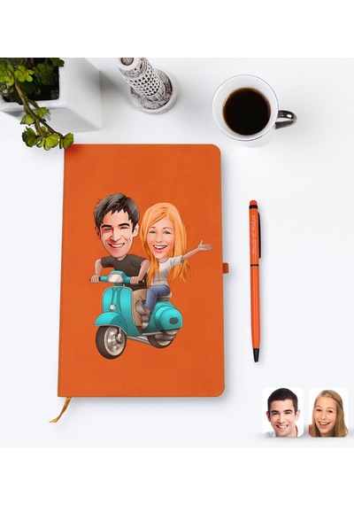 Kişiye Özel Sevgililer Karikatürlü Turuncu Termo Deri Defter Kale N11.2257
