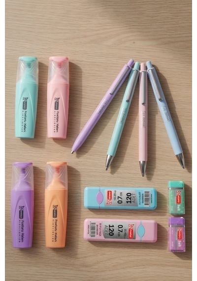 X Dekomus Pastel Touch Collection 12 Parça Kırtasiye Seti 4 Adet Fosforlu Kalem, Uçlu Kalem&2 Adet Tüp Uç, Silgi Altın