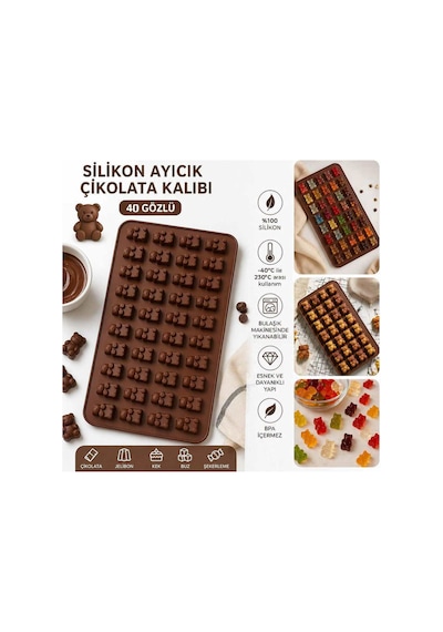 Ayıcık Figürlü Silikon Çikolata Kalıbı 40 Gözlü Jelibon Şekerleme Buz Kalıbı Esnek Yapışmaz -40 C / +230 C Isıya Dayanıklı Kahverengi