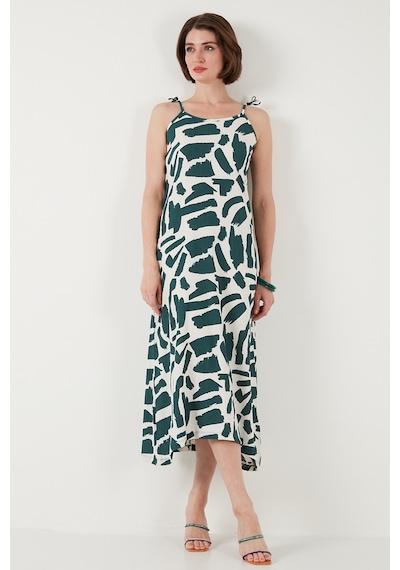 Lela Desenli Midi Boy Oversize Fit Bağlamalı Ip Askılı Bisiklet Yaka Bayan Elbise 5869009 Nefti