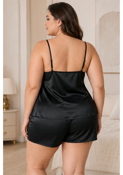 Loule Büyük Beden Siyah Ön Bağlamalı Dantelli Şortlu Pijama