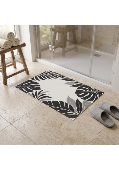 Kartela Halı Botanik Yaprak Desenli Banyo Paspası Antrasit Kaymaz Taban 40x60 Cm