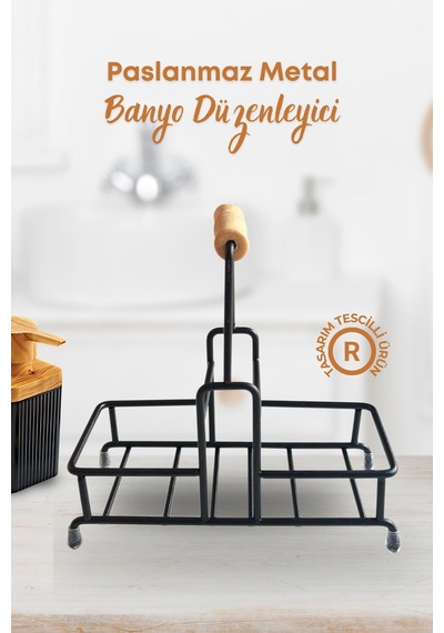 Grimorlife 2 Bölmeli Çok Amaçlı Ahşap Kulplu Metal Stand Banyo Düzenleyici Organizer Siyah