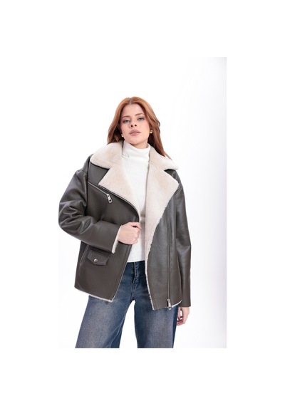 M M Marki Marki Kadın Hakiki Deri Mont, İçi Hakiki Kürklü Mont, Oversize, Salaş Kadın Mont, Haki Renk Deri Mont