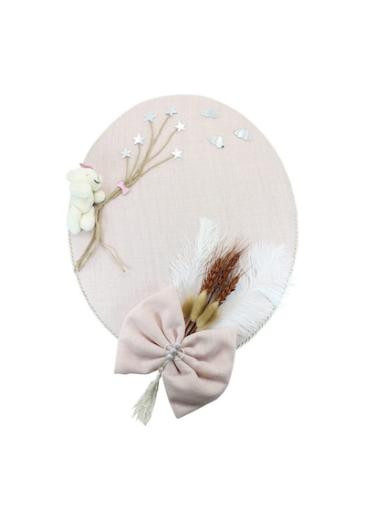 Süslebabypartystore Kuru Çiçek Tanzimli, Ayıcıklı, Isimli Oval Kapı Süsü, Pudra Renk Pudra