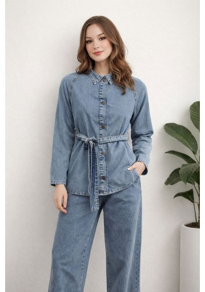 Hiramir Kadın Modern Kesim Kuşaklı Denim Takım Yz2601 Mavi