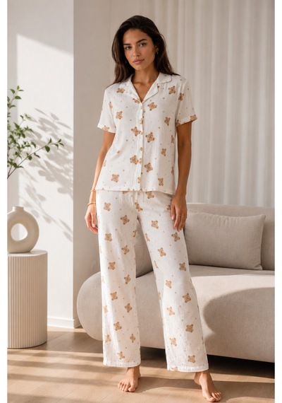Kadın Loose Uzun Paça Pamuk Kırık Beyaz Pijama Takımı