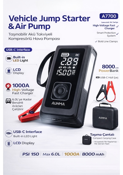 Taşınabilir Akü Takviye Cihazı & Hava Kompresörü 8000a Araç Jump Starter, 150 Psı Lastik Pompası A7700