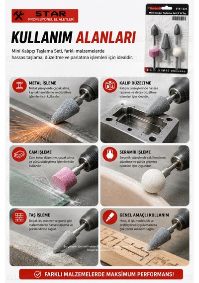 Mini Kalıpçı Taşlama Seti 5'li Taş Seti Metal, Cam, Seramik Ve Taş İçin Hassas Taşlama 6 Mm Sapl