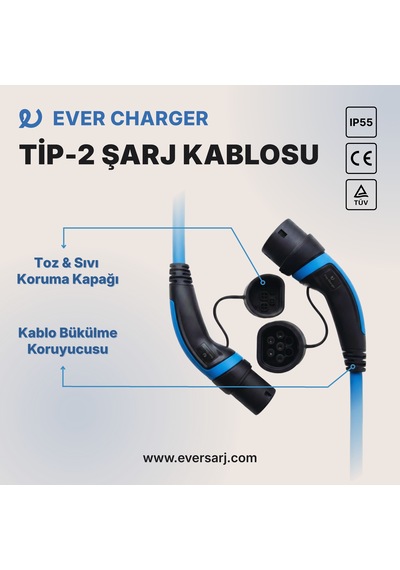 Ever Charger Tip 2 Elektrikli Araç Şarj Kablosu 22 kW – 15 M Mavi