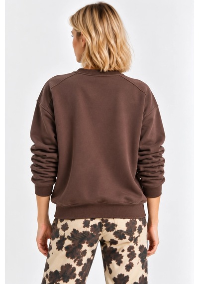 Mevese Kadın Rahat Kesim Teddy Ayıcık Nakış Detaylı Sweatshirt- Kahverengi