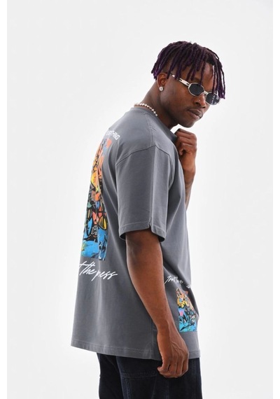 Erkek Tişort Bisiklet Yaka Baskılı Oversize T-shirt - Gri