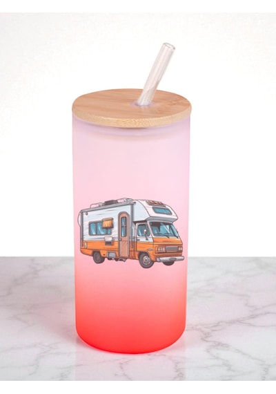 Karavan Temalı Baskılı 600 Ml Cam Matara- Su Matarası, Suluk Matara, Cam Pipetli Matara Kırmızı