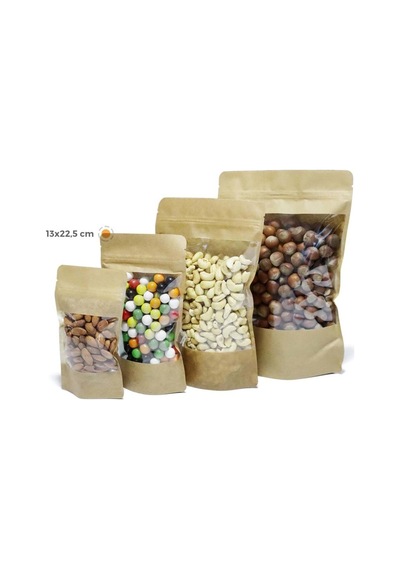 Doypack Kraft Geniş Pencereli Kilitli 13X225X8 50 Adetli Çok Renkli