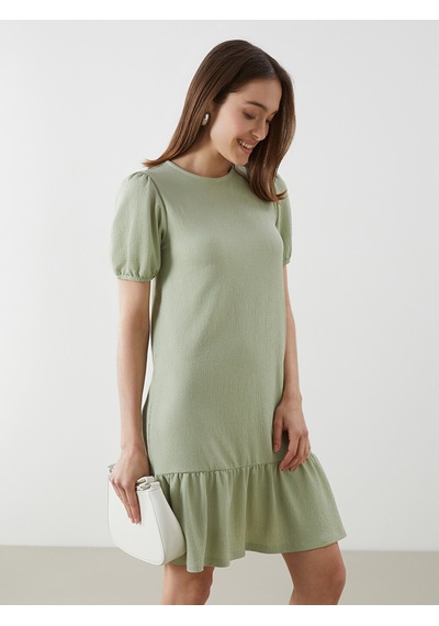 Lcw Comfort Yeşil Bisiklet Yaka Dokulu Mini Elbise