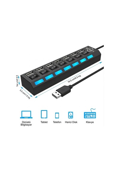 7 Port Usb Hub Çoğaltıcı - Işıklı Ve Açmakapama Anahtarlı Çoklu Usb 2.0 Adaptör Tak&çalıştır