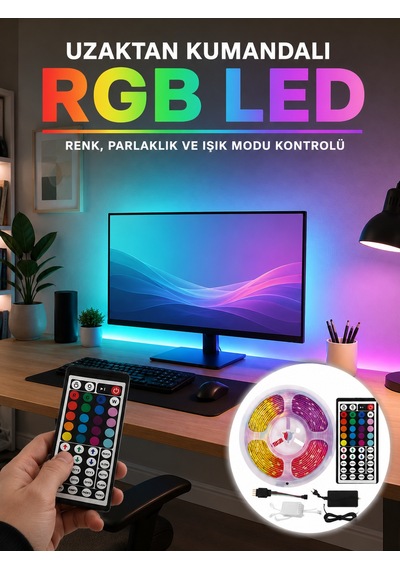 Uzaktan Kumandalı Rgb Şerit Led 5 Metre 12v 5050 Smd Çok Renkli Dekoratif Işık Seti