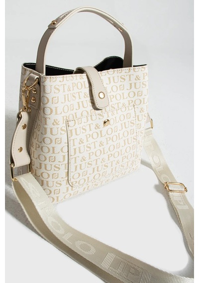 Just Polo Kadın Ters Kilit Çıtçıt Kapama Arkası Cepli El Çantası 21x23cm Krem