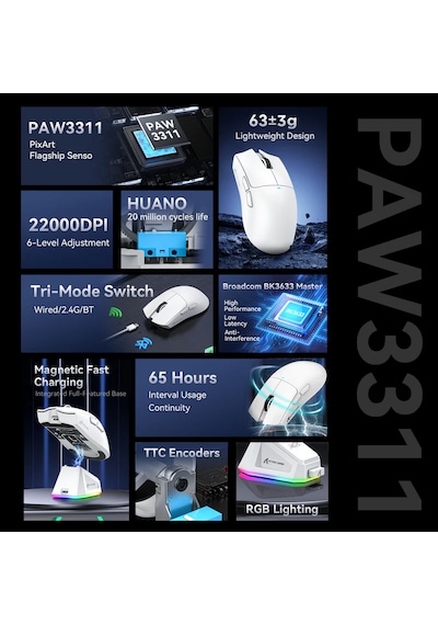 Attack Shark X11 22000 Dpı Paw3311 Şarj İstasyonlu Oyuncu Faresi