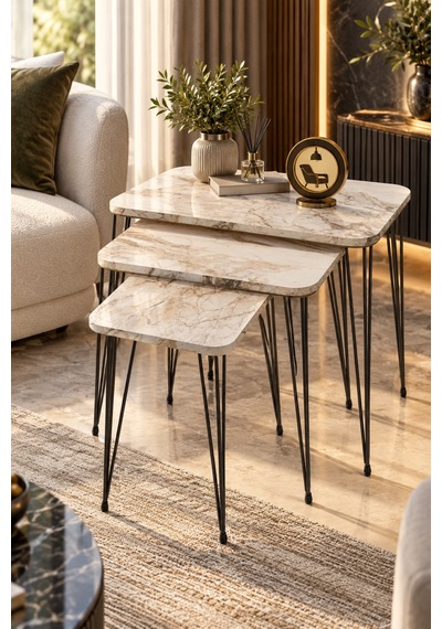Odera Beyaz Mermer Desenli Orta Sehpa Ve Zigon Sehpa 4'lü Set Metal Tel Ayaklı Modern Salon Sehpası Diğer