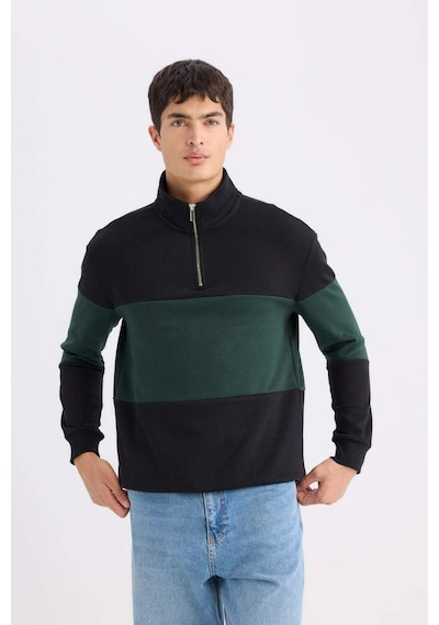 DeFacto Comfort Regular Fit Rahat Kalıp Dik Yaka Fermuarlı Çizgili Kalın Sweatshirt D2401AX24AUBK34