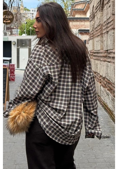 Madmext Camel Oversize Kareli Kadın Gömlek Mg2822