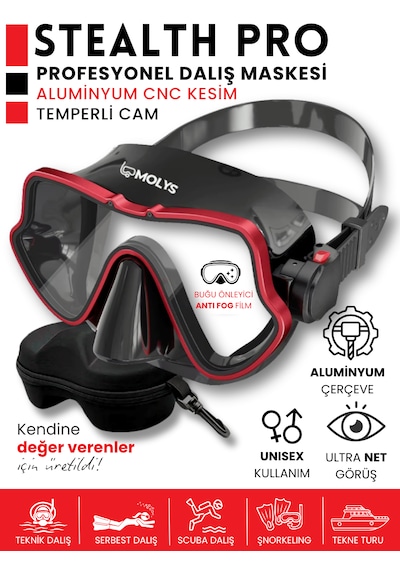 Molys Stealth Pro Alüminyum Dalış Maskesi + Antı Fog Buğu Önleyici Film + Eva Koruyucu Taşıma Kutusu Siyah - Kırmızı