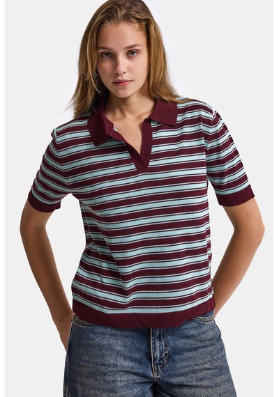 Kadın Bordo Çizgili W6-35 Oversize Polo Yaka Triko