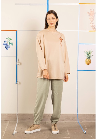 Ters Dikiş Detaylı Figürlü Bisiklet Yaka Sweatshirt Sütlü Kahve