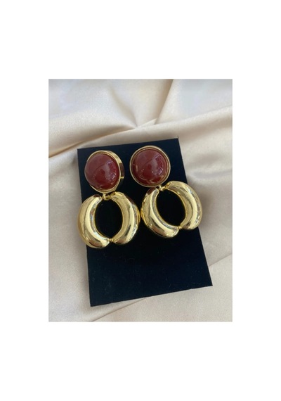 Lunarie Taşlı Halka Sarkıt Vintage Küpe 14k Gold Kalın Bordo