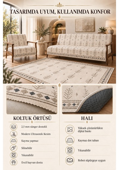 3 Lü Set 2 Adet 165x215 Cm Koltuk Örtüsü + 1 Adet 6m2 180x280 Cm Kaymaz Taban Dijital Baskılı Halı Bej