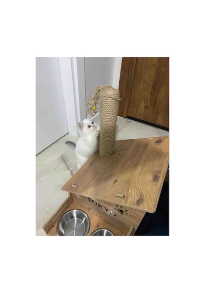 Ahşap Kedi Evi - Mama Kabı - Özel Isim Baskılı - Tırmalama Çubuklu -meşe Mdf - Çelik Kase - 2 400ml