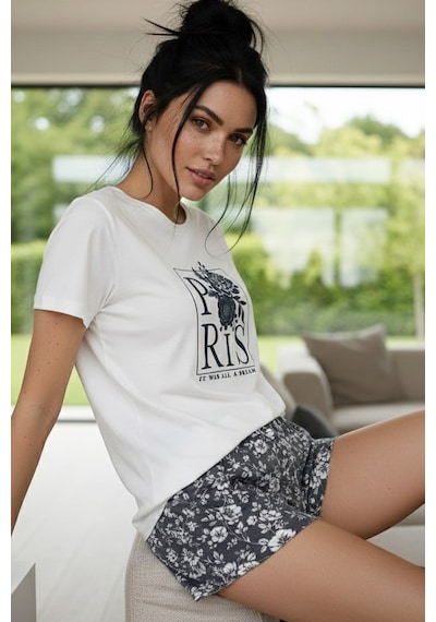 Siyah İnci Pamuklu Bisiklet Yaka Örme Şortlu Pijama Takım Ekru