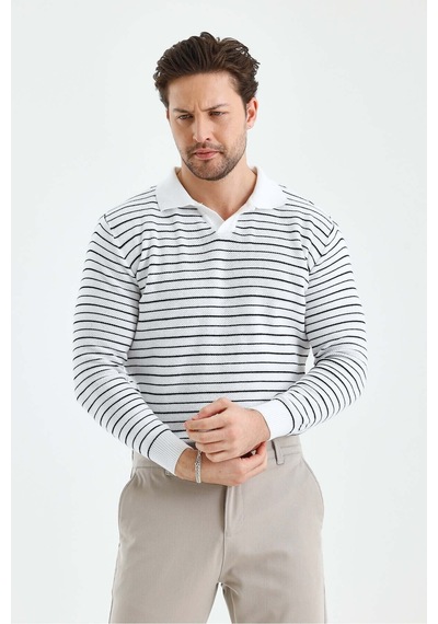 Cool Tarz Erkek Patlı Slim Fit Çizgi Detaylı Uzun Kollu Polo Yaka Triko Kazak Beyaz Beyaz