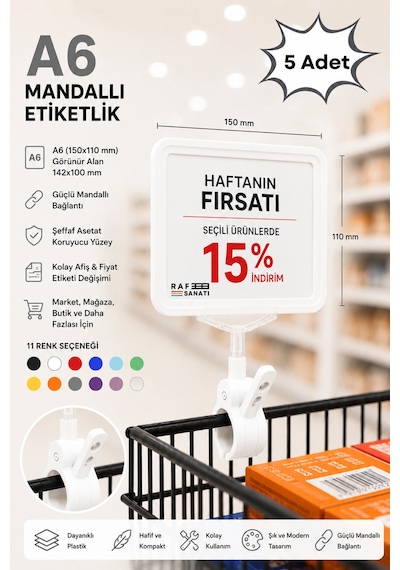 5 Adet - A6 Fiyatlık Mandallı Etiketlik Sepet Raf Askılık Fiyat Etiketi Çerçeveli Market Mağaza Beyaz