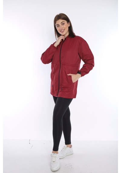 Escetic Kadın Bordo File Astarlı Cepli Kapüşonlu Spor Rüzgarlık Yagmurluk İnce Ceket 6723-3720-bordo Bordo
