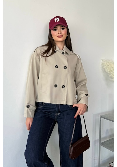 Jee Lee Kadın Gömlek Yaka Düğmeli Kısa Trençkot Taş - 27k 3056