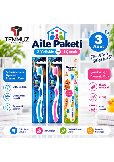 Dynamic Aile Paketi Diş Fırçası Seti 3 Adet 2 Yetişkin Medium + 1 Çocuk Extra Soft Karışık Renk